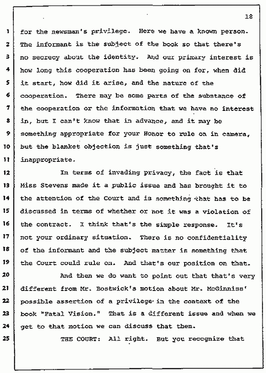 Los Angeles, California Civil Trial<br>Jeffrey MacDonald vs. Joe McGinniss<br><br>July 7, 1987:<br>Discussion of motions prior to jury selection, p. 18