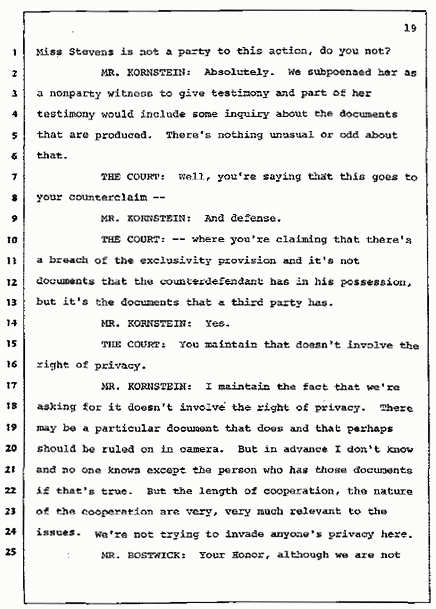 Los Angeles, California Civil Trial<br>Jeffrey MacDonald vs. Joe McGinniss<br><br>July 7, 1987:<br>Discussion of motions prior to jury selection, p. 19