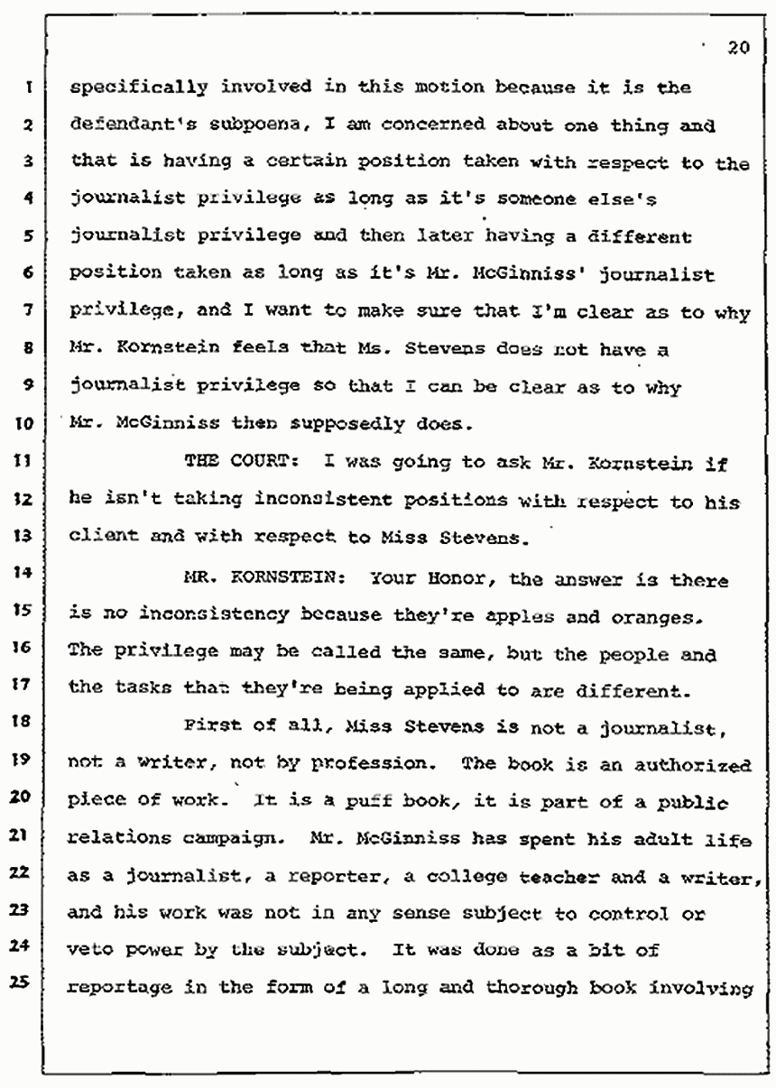 Los Angeles, California Civil Trial<br>Jeffrey MacDonald vs. Joe McGinniss<br><br>July 7, 1987:<br>Discussion of motions prior to jury selection, p. 20