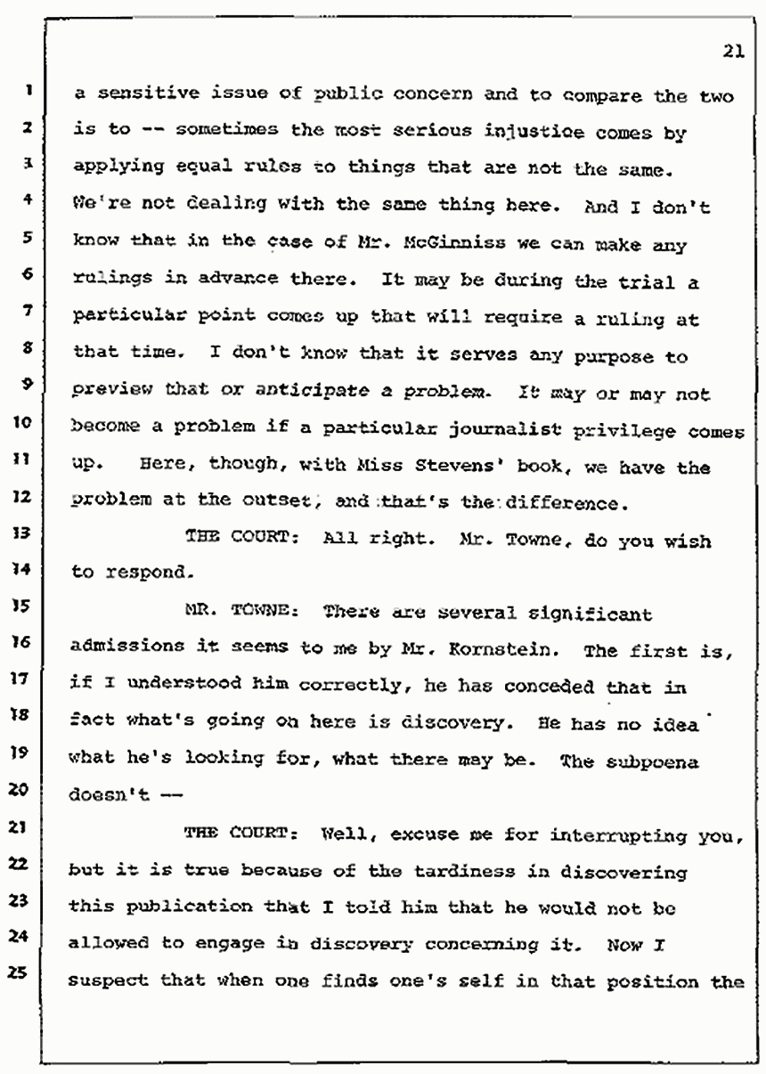 Los Angeles, California Civil Trial<br>Jeffrey MacDonald vs. Joe McGinniss<br><br>July 7, 1987:<br>Discussion of motions prior to jury selection, p. 21