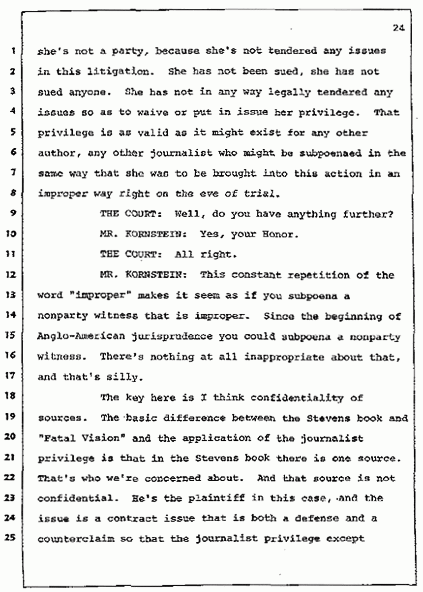 Los Angeles, California Civil Trial<br>Jeffrey MacDonald vs. Joe McGinniss<br><br>July 7, 1987:<br>Discussion of motions prior to jury selection, p. 24