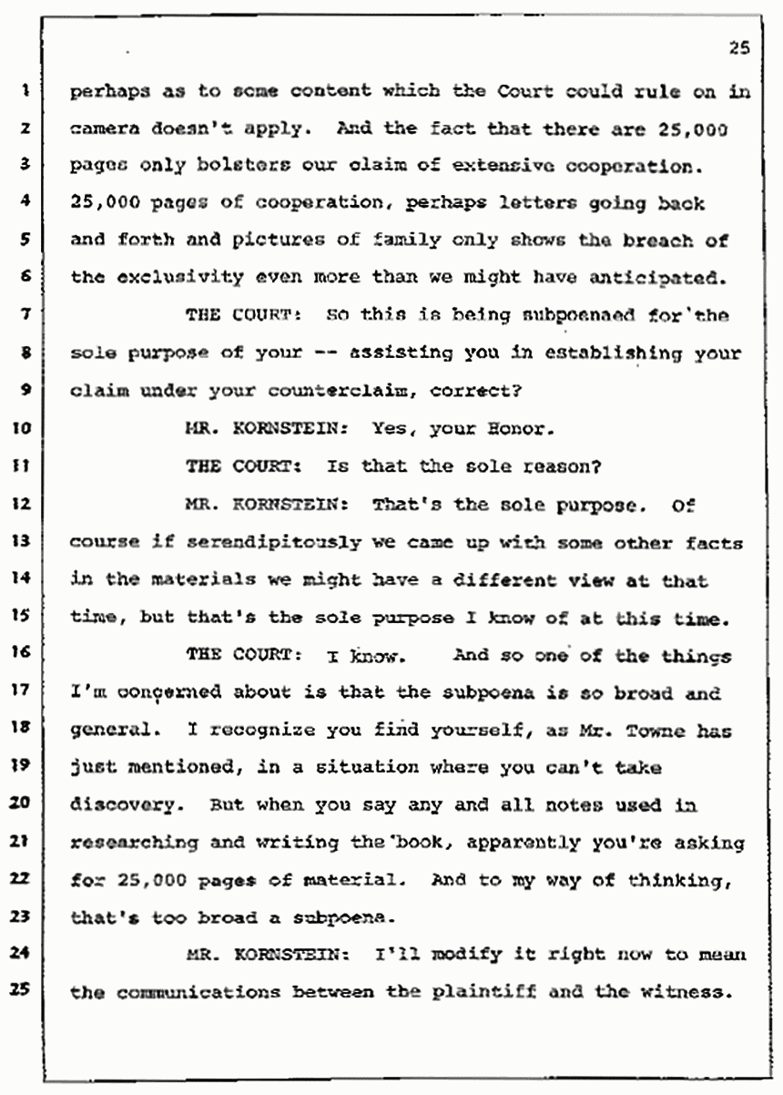 Los Angeles, California Civil Trial<br>Jeffrey MacDonald vs. Joe McGinniss<br><br>July 7, 1987:<br>Discussion of motions prior to jury selection, p. 25