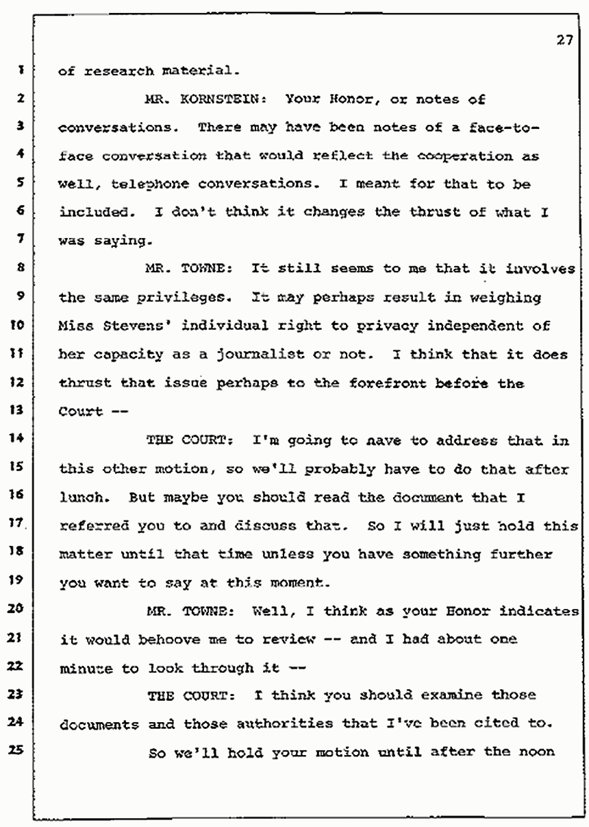 Los Angeles, California Civil Trial<br>Jeffrey MacDonald vs. Joe McGinniss<br><br>July 7, 1987:<br>Discussion of motions prior to jury selection, p. 27