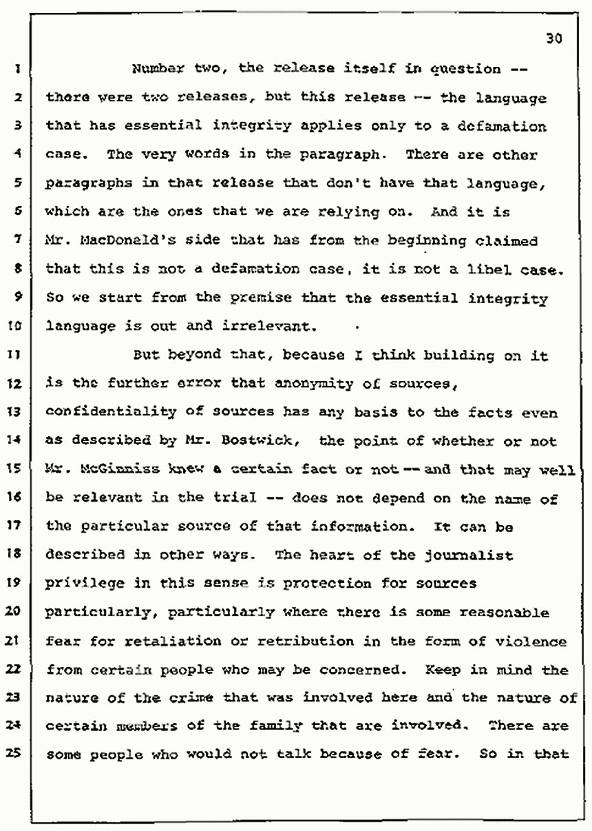 Los Angeles, California Civil Trial<br>Jeffrey MacDonald vs. Joe McGinniss<br><br>July 7, 1987:<br>Discussion of motions prior to jury selection, p. 30