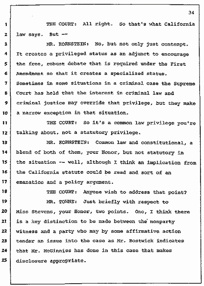 Los Angeles, California Civil Trial<br>Jeffrey MacDonald vs. Joe McGinniss<br><br>July 7, 1987:<br>Discussion of motions prior to jury selection, p. 34