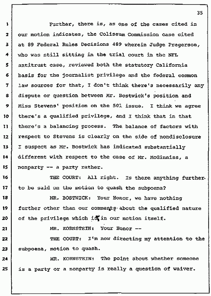 Los Angeles, California Civil Trial<br>Jeffrey MacDonald vs. Joe McGinniss<br><br>July 7, 1987:<br>Discussion of motions prior to jury selection, p. 35