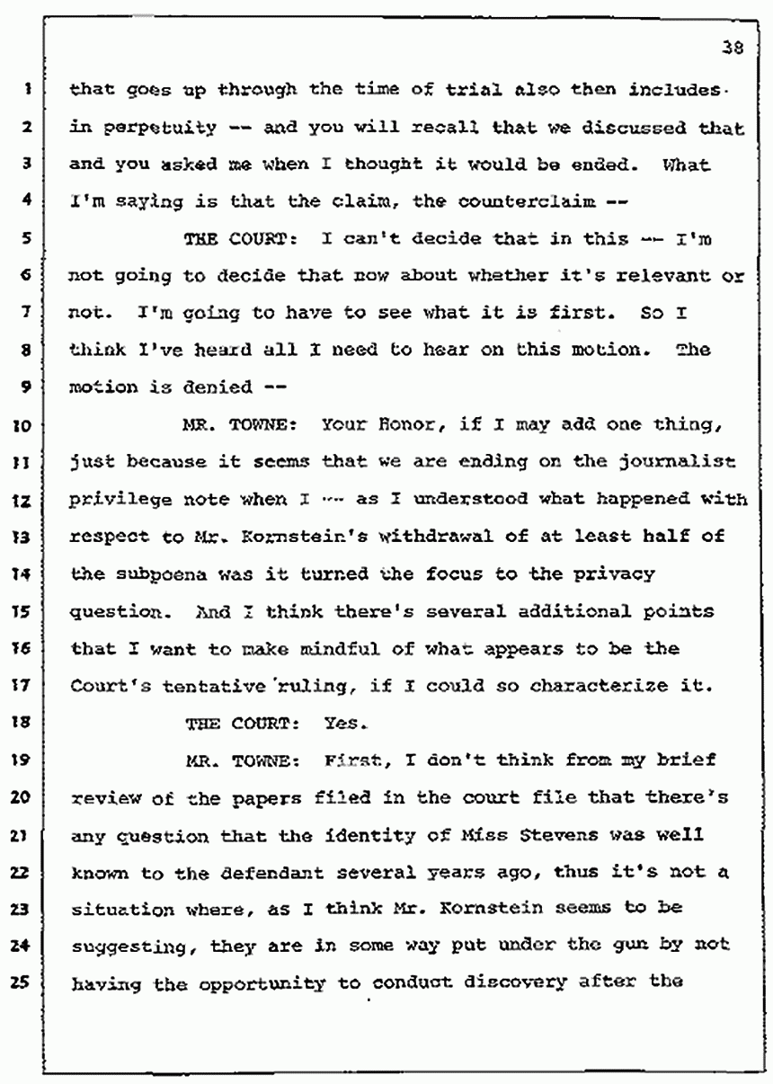 Los Angeles, California Civil Trial<br>Jeffrey MacDonald vs. Joe McGinniss<br><br>July 7, 1987:<br>Discussion of motions prior to jury selection, p. 38
