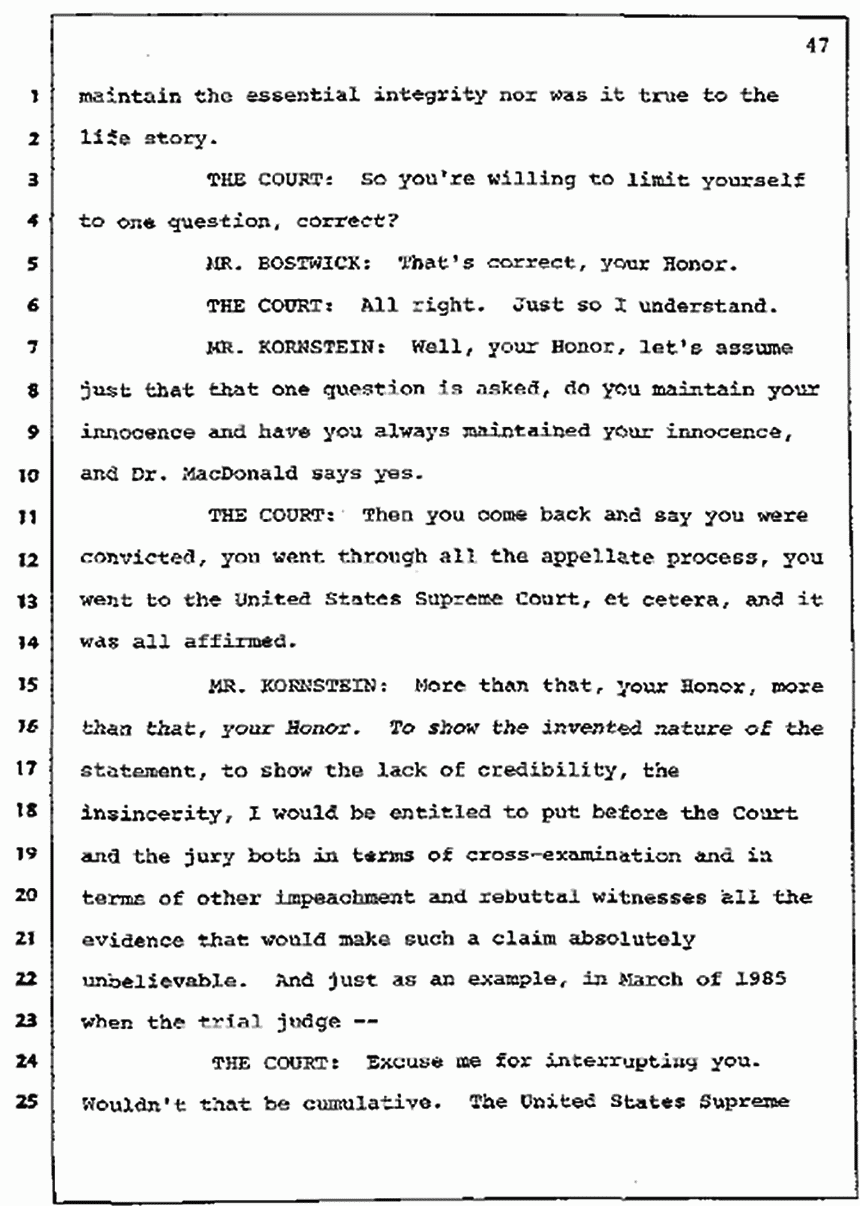 Los Angeles, California Civil Trial<br>Jeffrey MacDonald vs. Joe McGinniss<br><br>July 7, 1987:<br>Discussion of motions prior to jury selection, p. 47