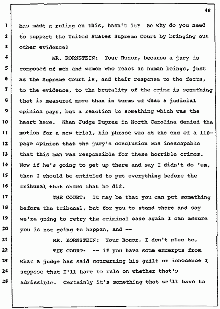 Los Angeles, California Civil Trial<br>Jeffrey MacDonald vs. Joe McGinniss<br><br>July 7, 1987:<br>Discussion of motions prior to jury selection, p. 48