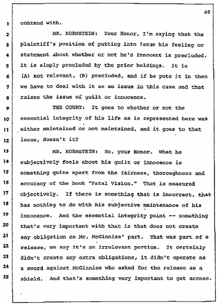 Los Angeles, California Civil Trial<br>Jeffrey MacDonald vs. Joe McGinniss<br><br>July 7, 1987:<br>Discussion of motions prior to jury selection, p. 49