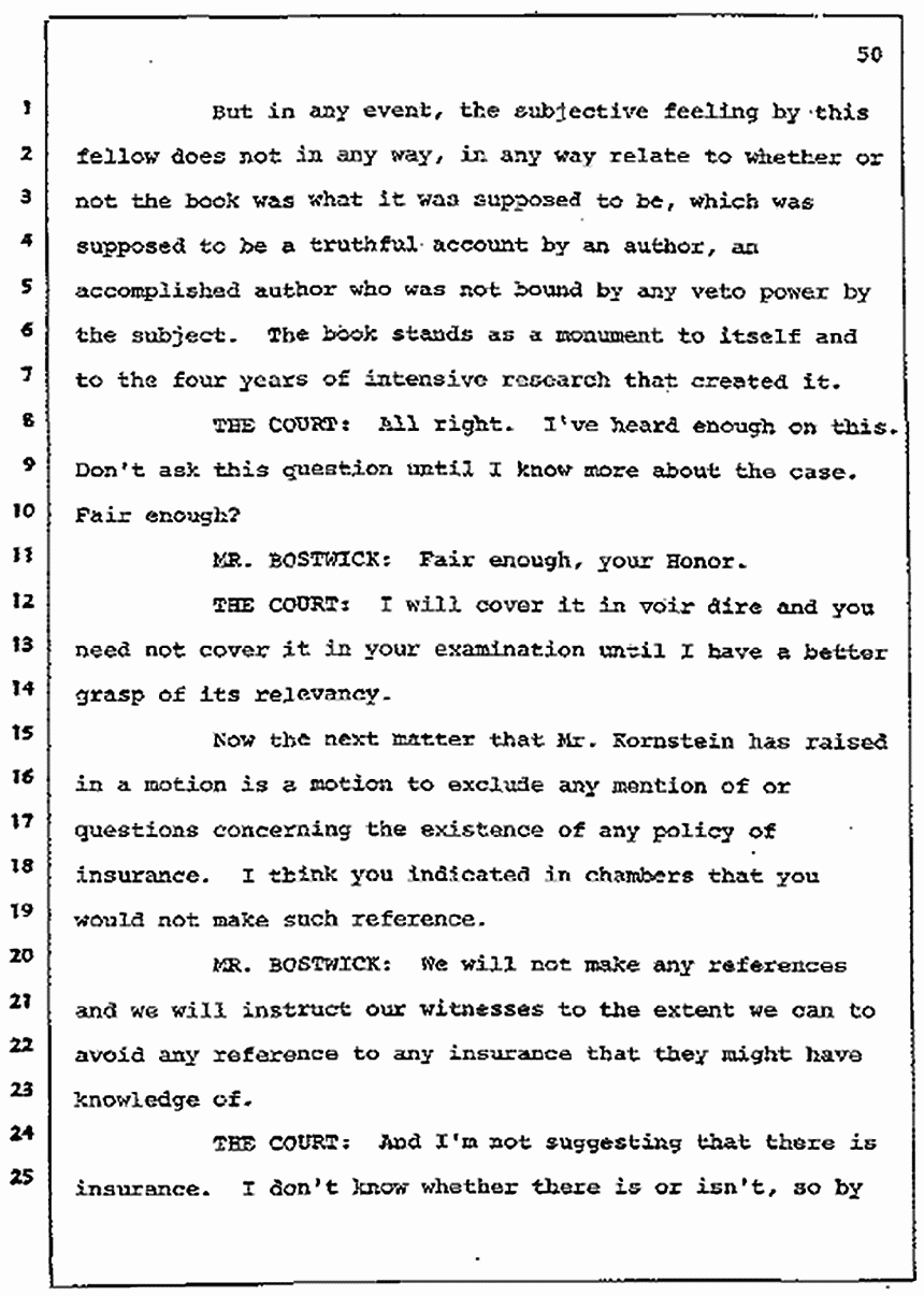 Los Angeles, California Civil Trial<br>Jeffrey MacDonald vs. Joe McGinniss<br><br>July 7, 1987:<br>Discussion of motions prior to jury selection, p. 50