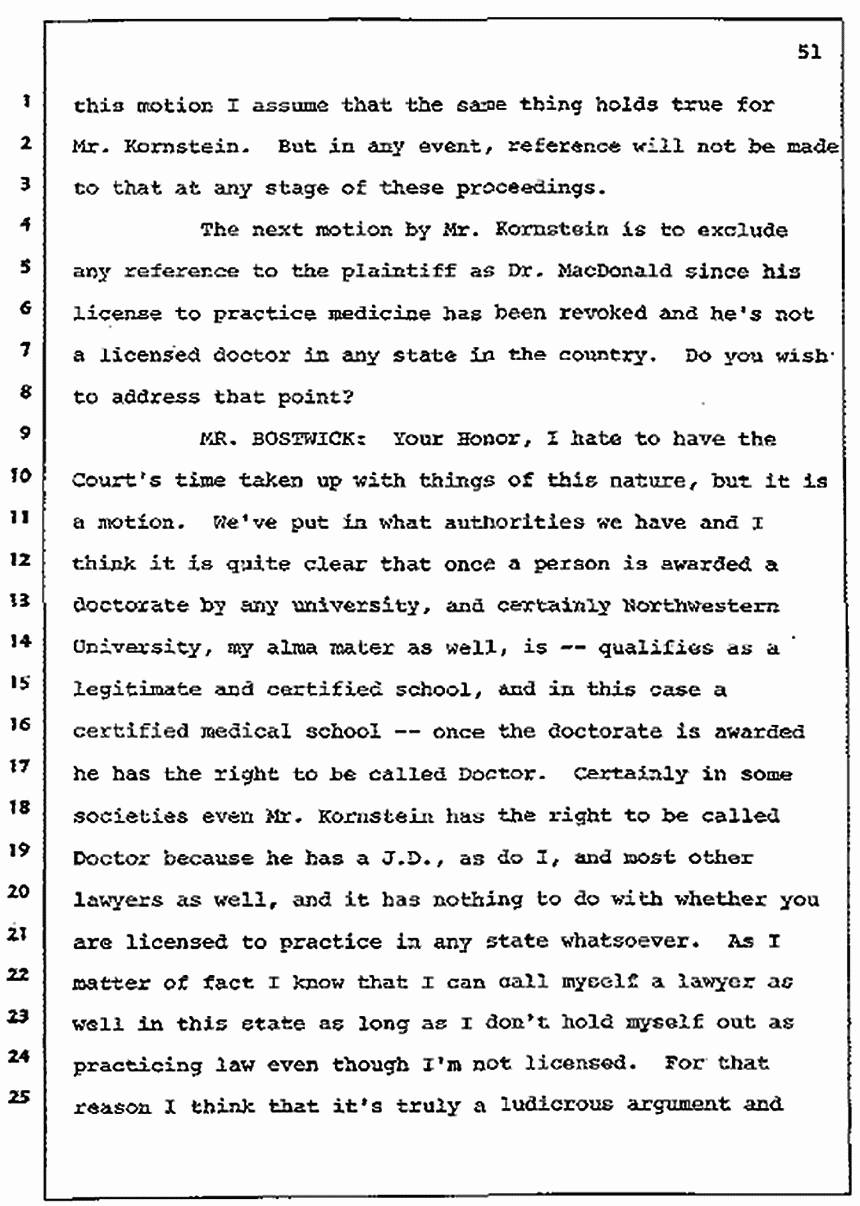 Los Angeles, California Civil Trial<br>Jeffrey MacDonald vs. Joe McGinniss<br><br>July 7, 1987:<br>Discussion of motions prior to jury selection, p. 51