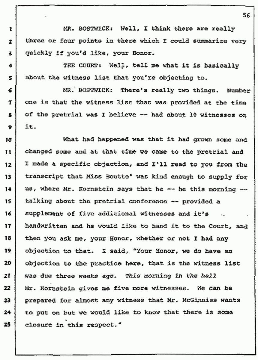 Los Angeles, California Civil Trial<br>Jeffrey MacDonald vs. Joe McGinniss<br><br>July 7, 1987:<br>Discussion of motions prior to jury selection, p. 56