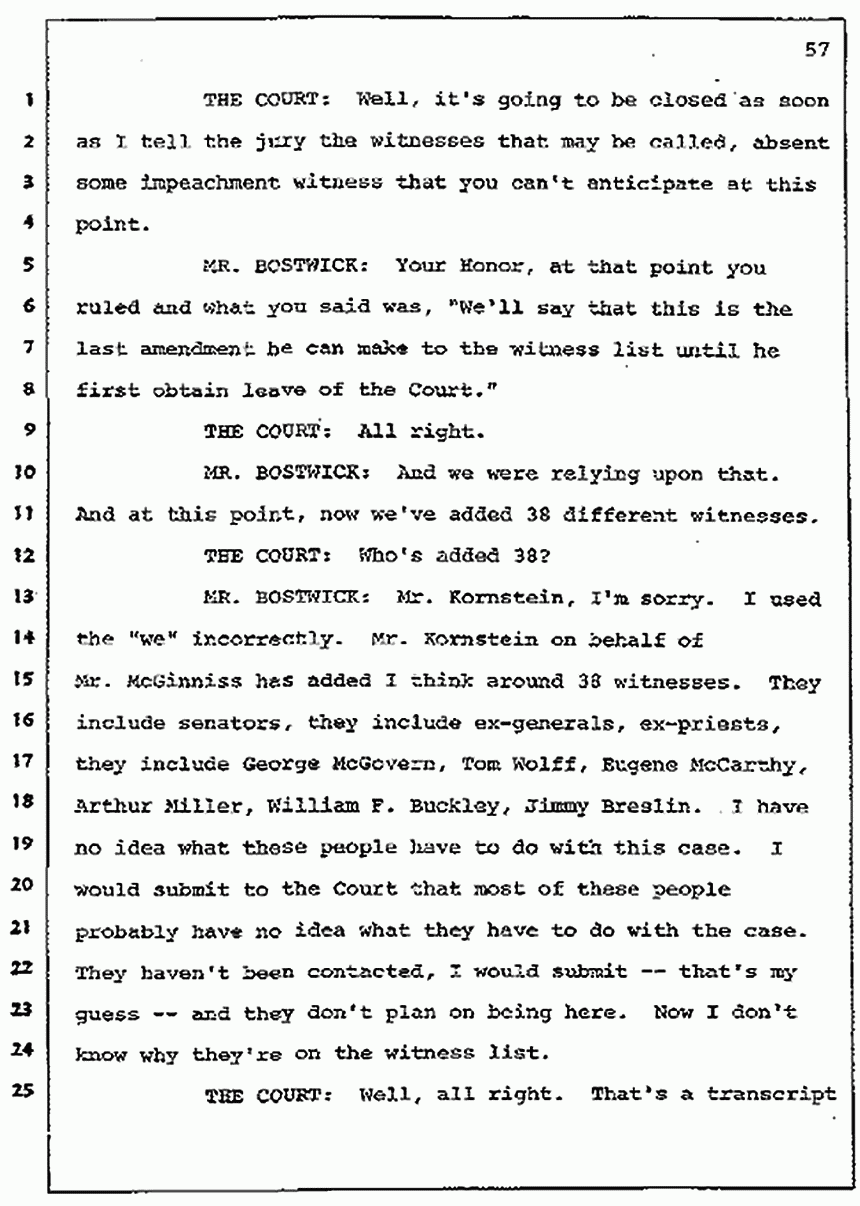 Los Angeles, California Civil Trial<br>Jeffrey MacDonald vs. Joe McGinniss<br><br>July 7, 1987:<br>Discussion of motions prior to jury selection, p. 57