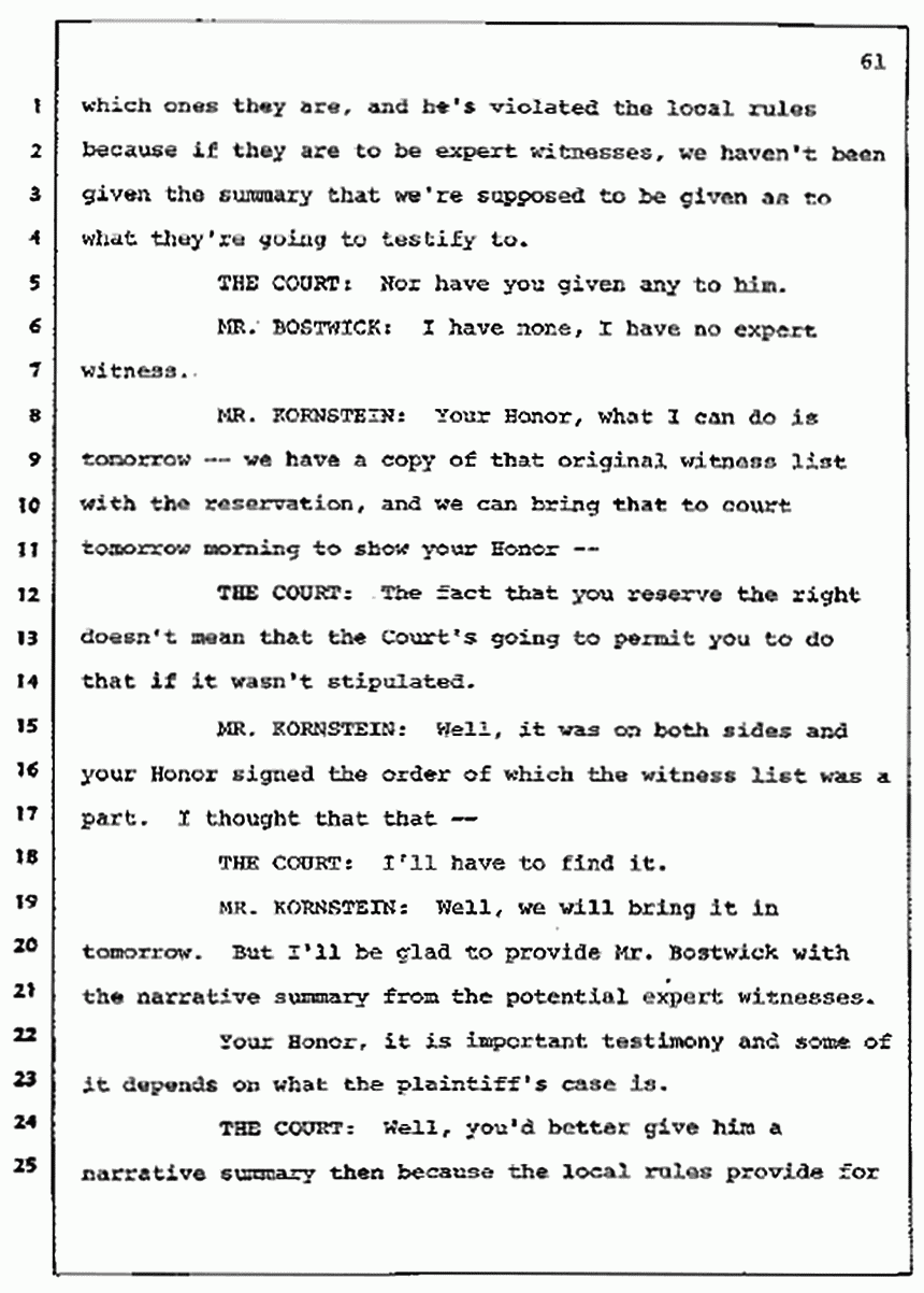 Los Angeles, California Civil Trial<br>Jeffrey MacDonald vs. Joe McGinniss<br><br>July 7, 1987:<br>Discussion of motions prior to jury selection, p. 61