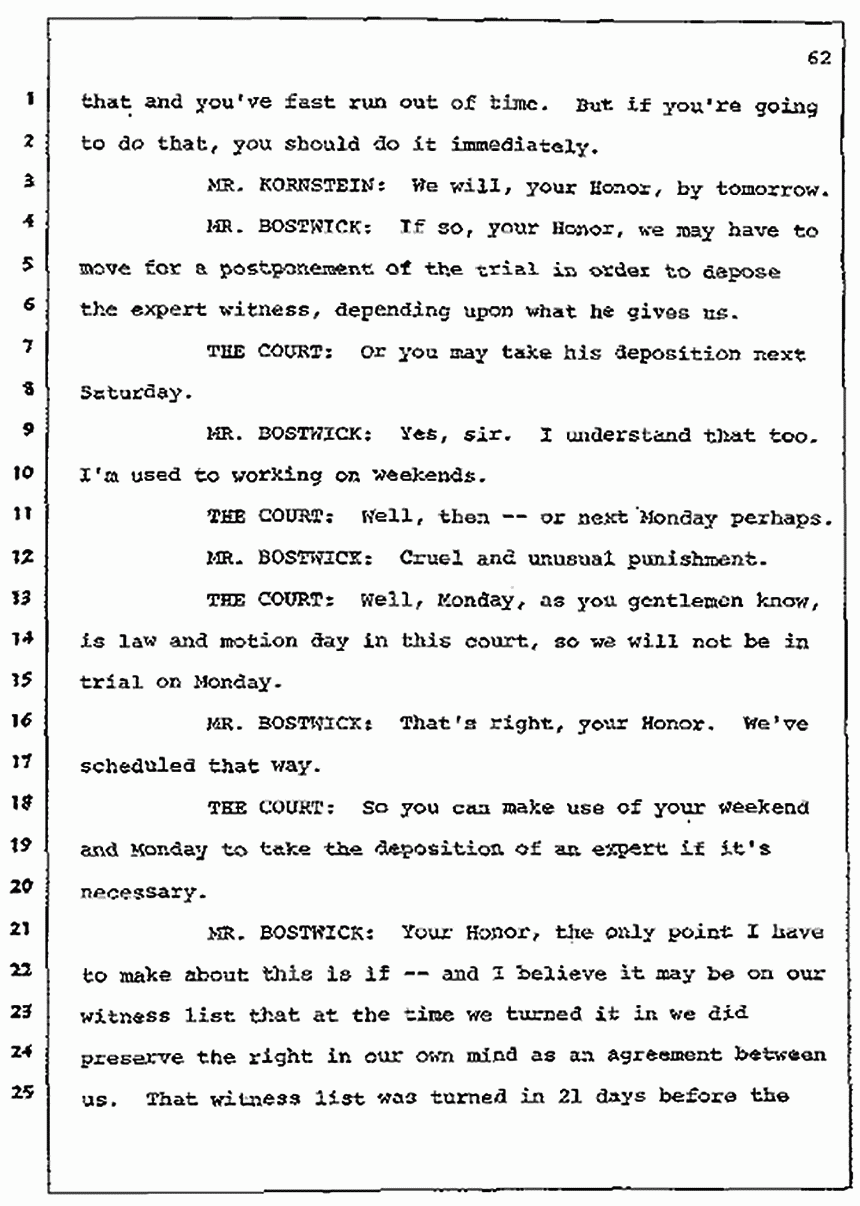 Los Angeles, California Civil Trial<br>Jeffrey MacDonald vs. Joe McGinniss<br><br>July 7, 1987:<br>Discussion of motions prior to jury selection, p. 62