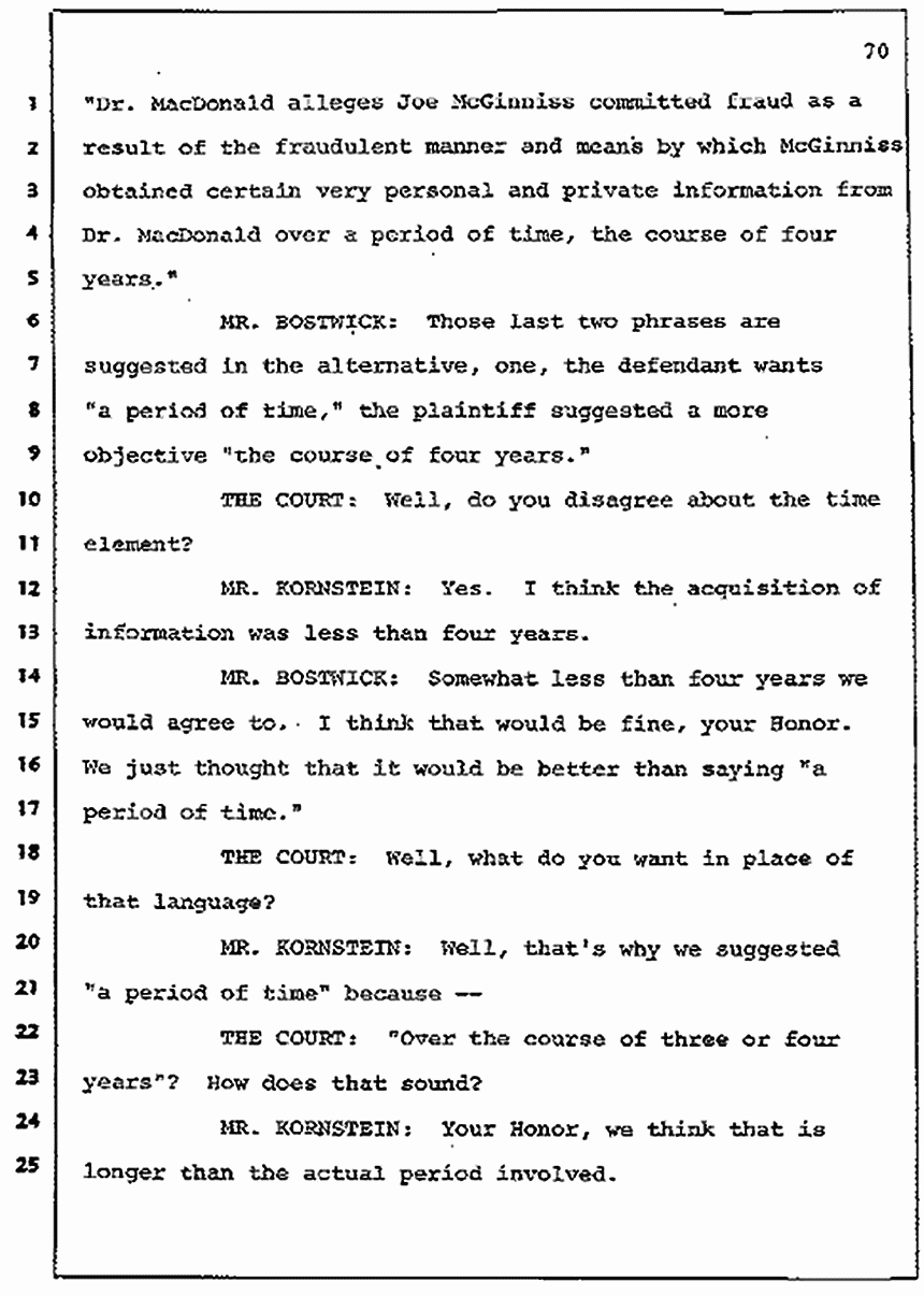 Los Angeles, California Civil Trial<br>Jeffrey MacDonald vs. Joe McGinniss<br><br>July 7, 1987:<br>Discussion of motions prior to jury selection, p. 70
