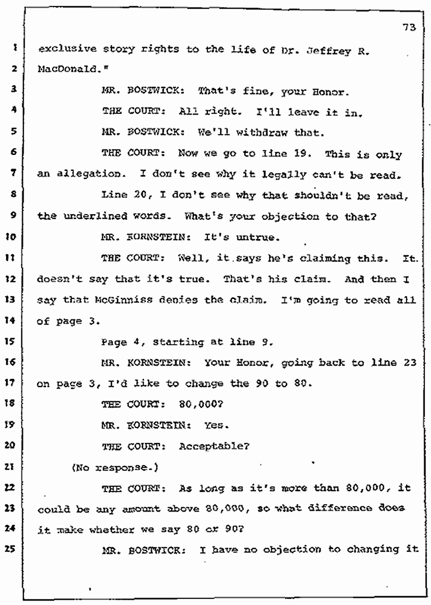 Los Angeles, California Civil Trial<br>Jeffrey MacDonald vs. Joe McGinniss<br><br>July 7, 1987:<br>Discussion of motions prior to jury selection, p. 73