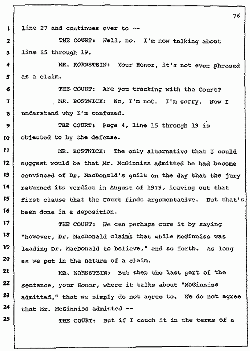 Los Angeles, California Civil Trial<br>Jeffrey MacDonald vs. Joe McGinniss<br><br>July 7, 1987:<br>Discussion of motions prior to jury selection, p. 76