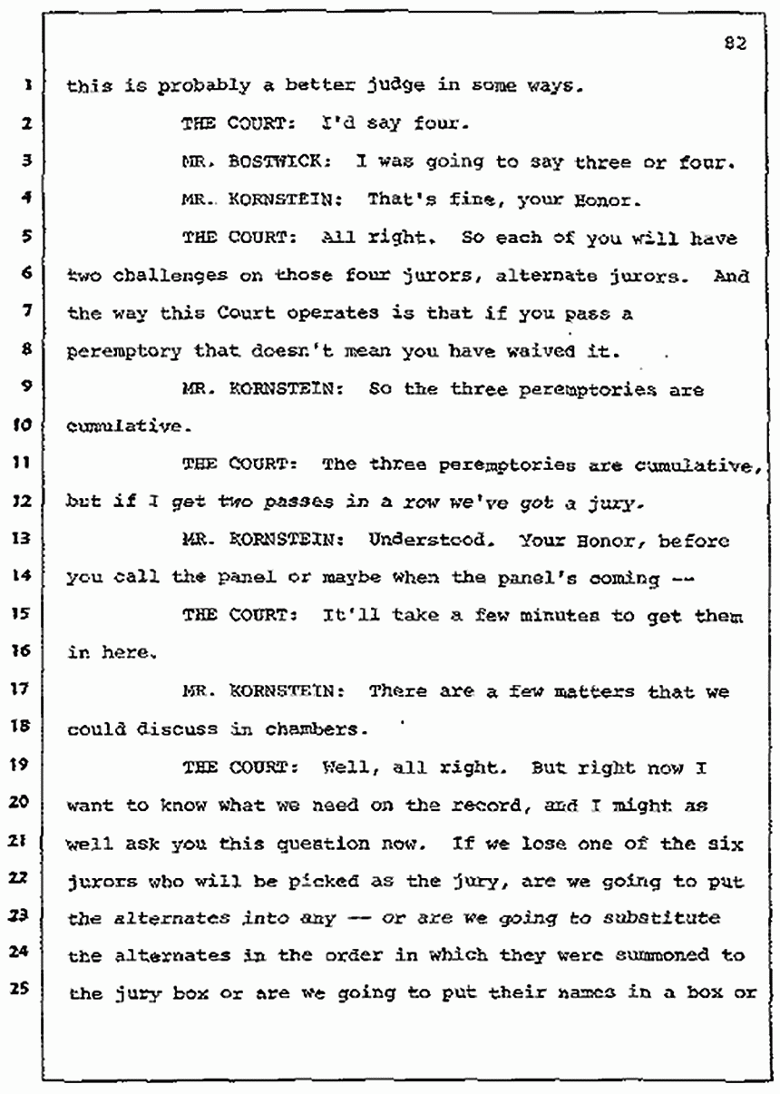 Los Angeles, California Civil Trial<br>Jeffrey MacDonald vs. Joe McGinniss<br><br>July 7, 1987:<br>Discussion of motions prior to jury selection, p. 82
