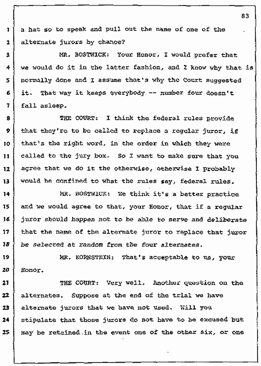 Los Angeles, California Civil Trial<br>Jeffrey MacDonald vs. Joe McGinniss<br><br>July 7, 1987:<br>Discussion of motions prior to jury selection, p. 83
