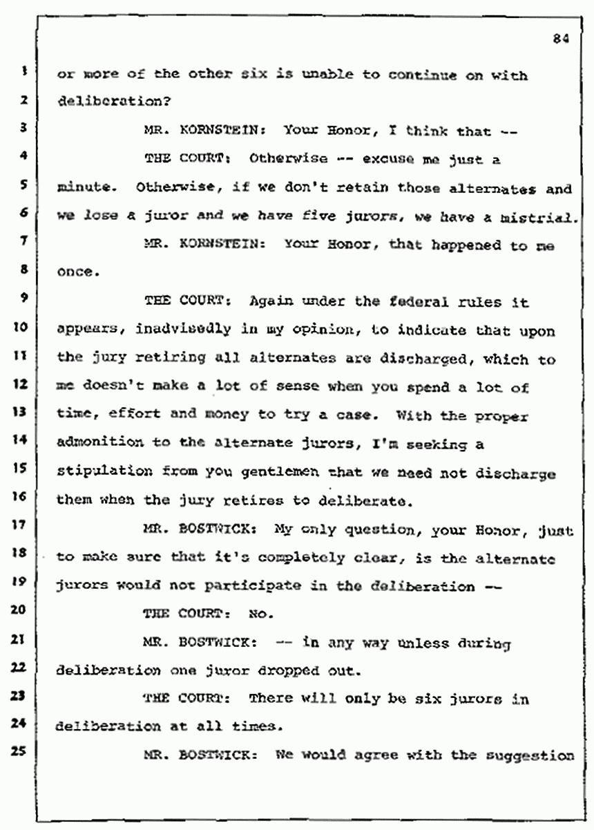 Los Angeles, California Civil Trial<br>Jeffrey MacDonald vs. Joe McGinniss<br><br>July 7, 1987:<br>Discussion of motions prior to jury selection, p. 84