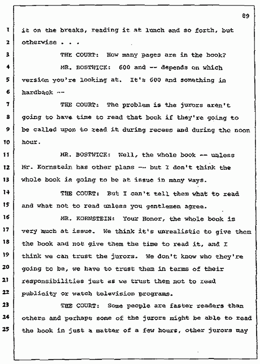 Los Angeles, California Civil Trial<br>Jeffrey MacDonald vs. Joe McGinniss<br><br>July 7, 1987:<br>Discussion of motions prior to jury selection, p. 89