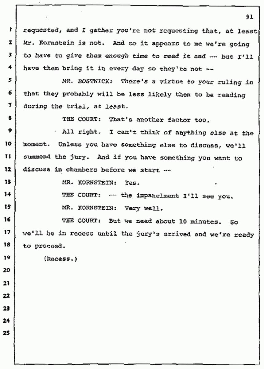 Los Angeles, California Civil Trial<br>Jeffrey MacDonald vs. Joe McGinniss<br><br>July 7, 1987:<br>Discussion of motions prior to jury selection, p. 91