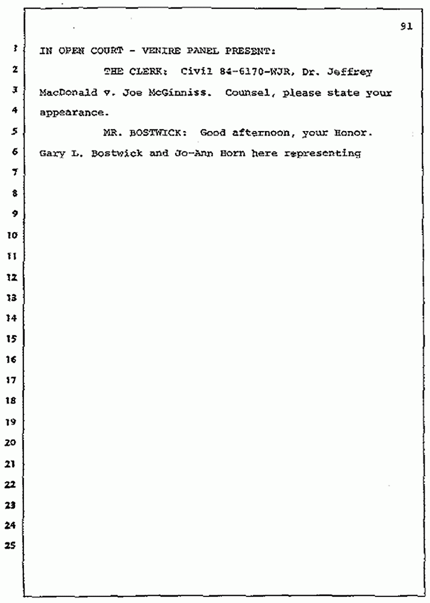 Los Angeles, California Civil Trial<br>Jeffrey MacDonald vs. Joe McGinniss<br><br>July 7, 1987: Jury selection, p. 91