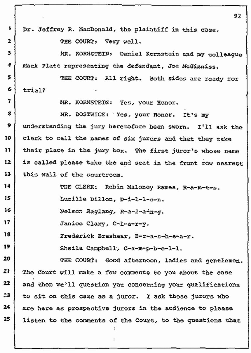 Los Angeles, California Civil Trial<br>Jeffrey MacDonald vs. Joe McGinniss<br><br>July 7, 1987: Jury selection, p. 92