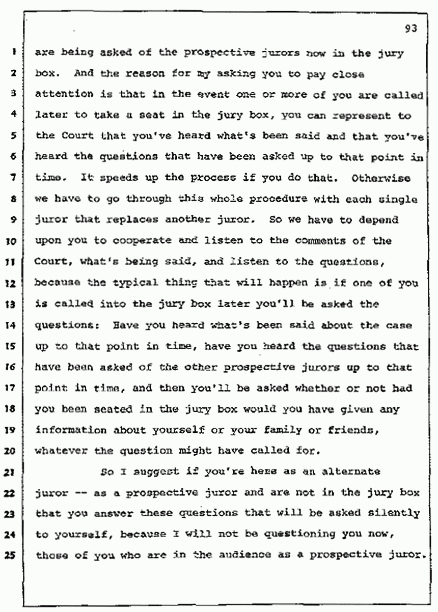 Los Angeles, California Civil Trial<br>Jeffrey MacDonald vs. Joe McGinniss<br><br>July 7, 1987: Jury selection, p. 93