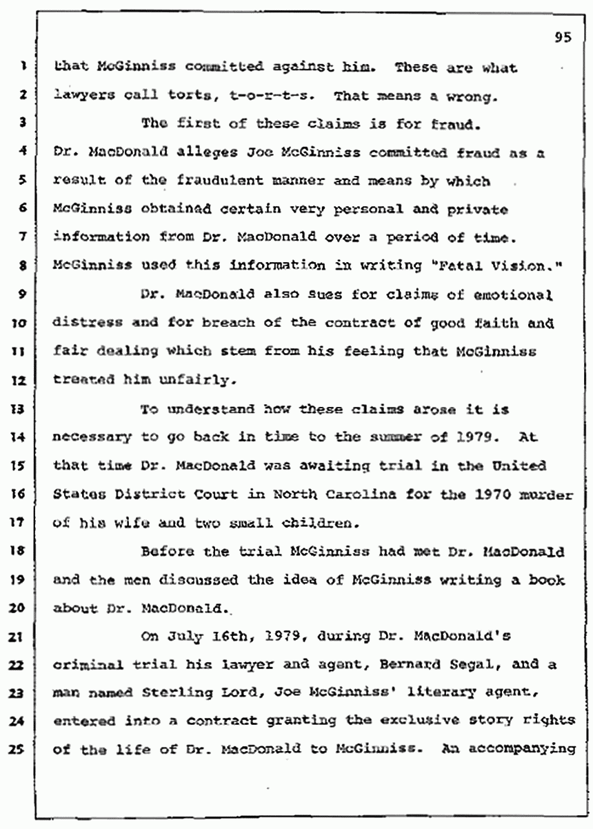 Los Angeles, California Civil Trial<br>Jeffrey MacDonald vs. Joe McGinniss<br><br>July 7, 1987: Jury selection, p. 95