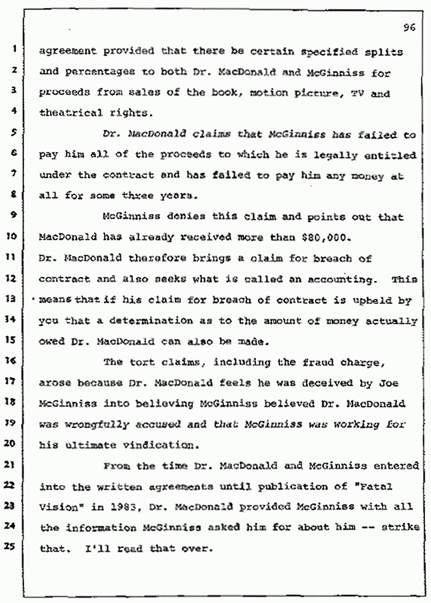 Los Angeles, California Civil Trial<br>Jeffrey MacDonald vs. Joe McGinniss<br><br>July 7, 1987: Jury selection, p. 96