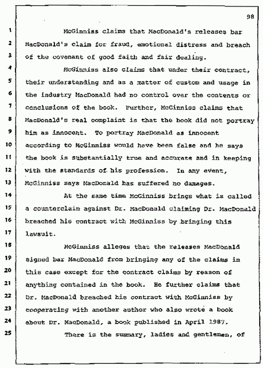 Los Angeles, California Civil Trial<br>Jeffrey MacDonald vs. Joe McGinniss<br><br>July 7, 1987: Jury selection, p. 98
