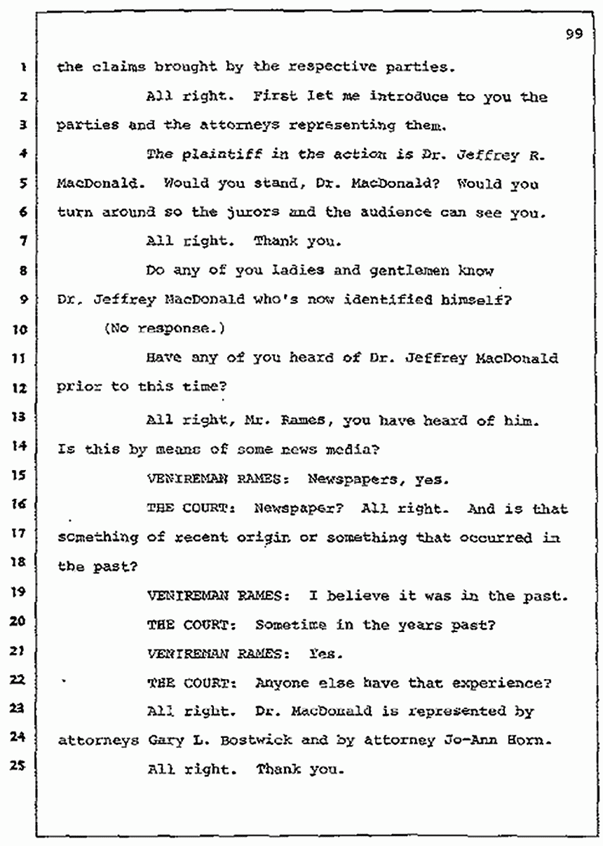 Los Angeles, California Civil Trial<br>Jeffrey MacDonald vs. Joe McGinniss<br><br>July 7, 1987: Jury selection, p. 99