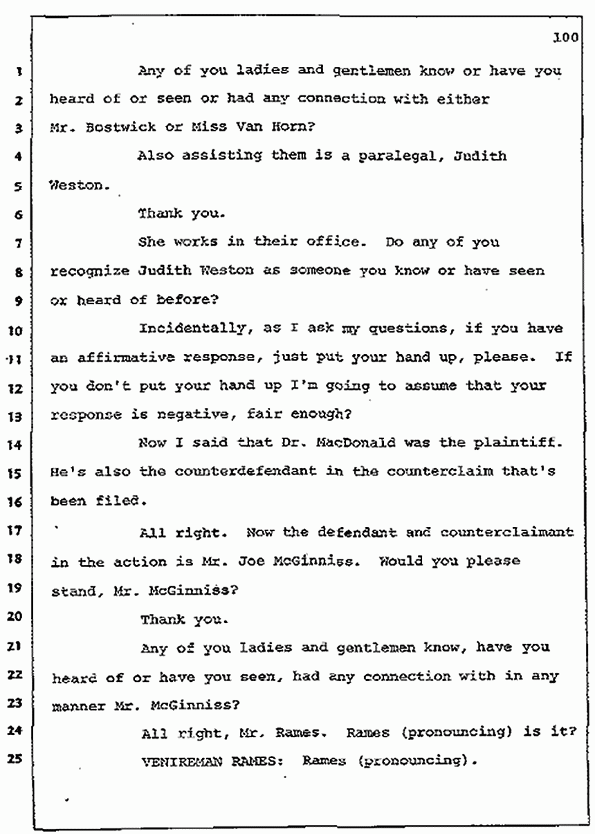 Los Angeles, California Civil Trial<br>Jeffrey MacDonald vs. Joe McGinniss<br><br>July 7, 1987: Jury selection, p. 100