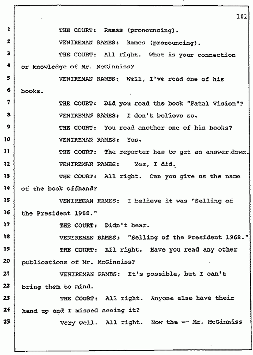 Los Angeles, California Civil Trial<br>Jeffrey MacDonald vs. Joe McGinniss<br><br>July 7, 1987: Jury selection, p. 101