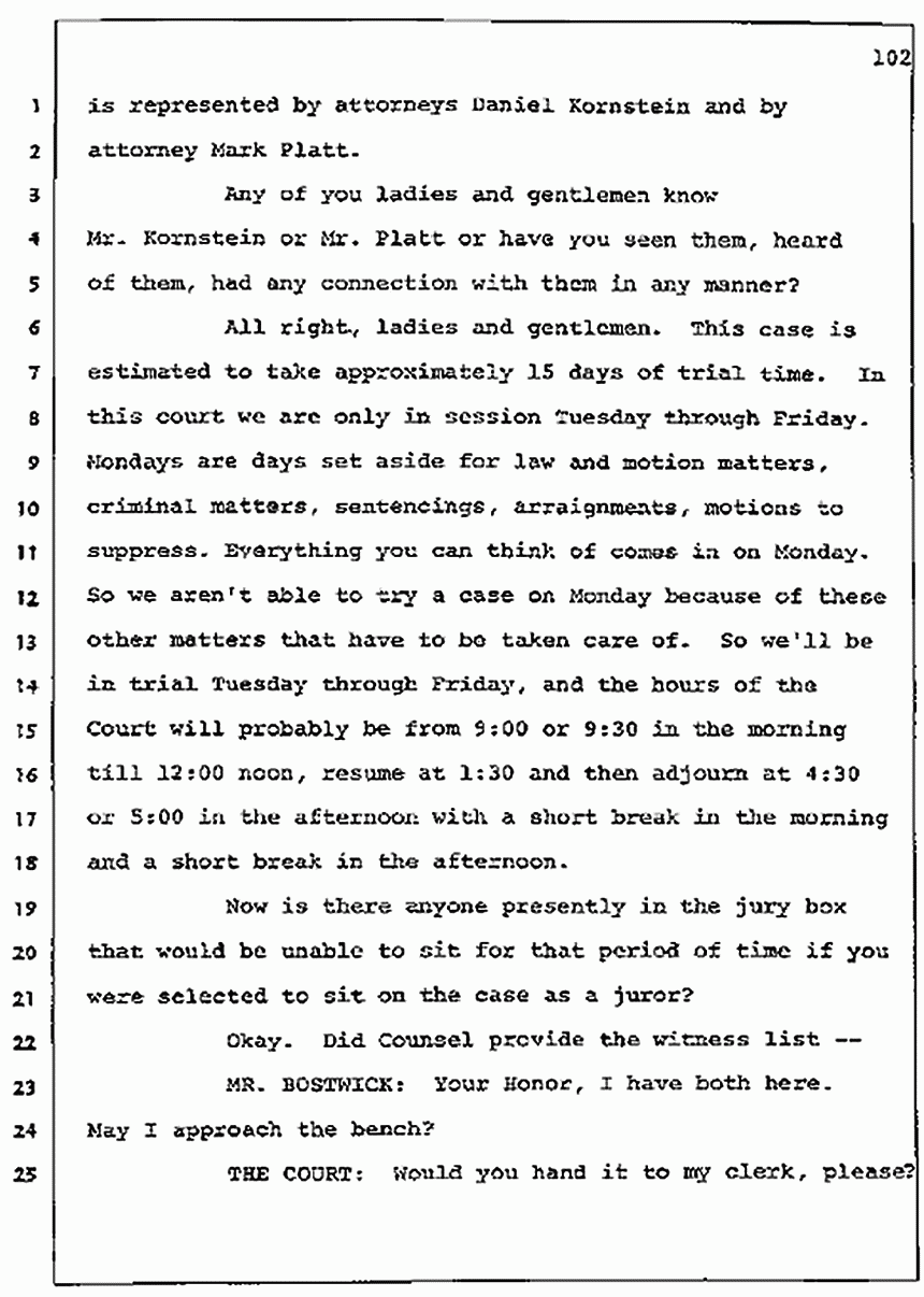 Los Angeles, California Civil Trial<br>Jeffrey MacDonald vs. Joe McGinniss<br><br>July 7, 1987: Jury selection, p. 102