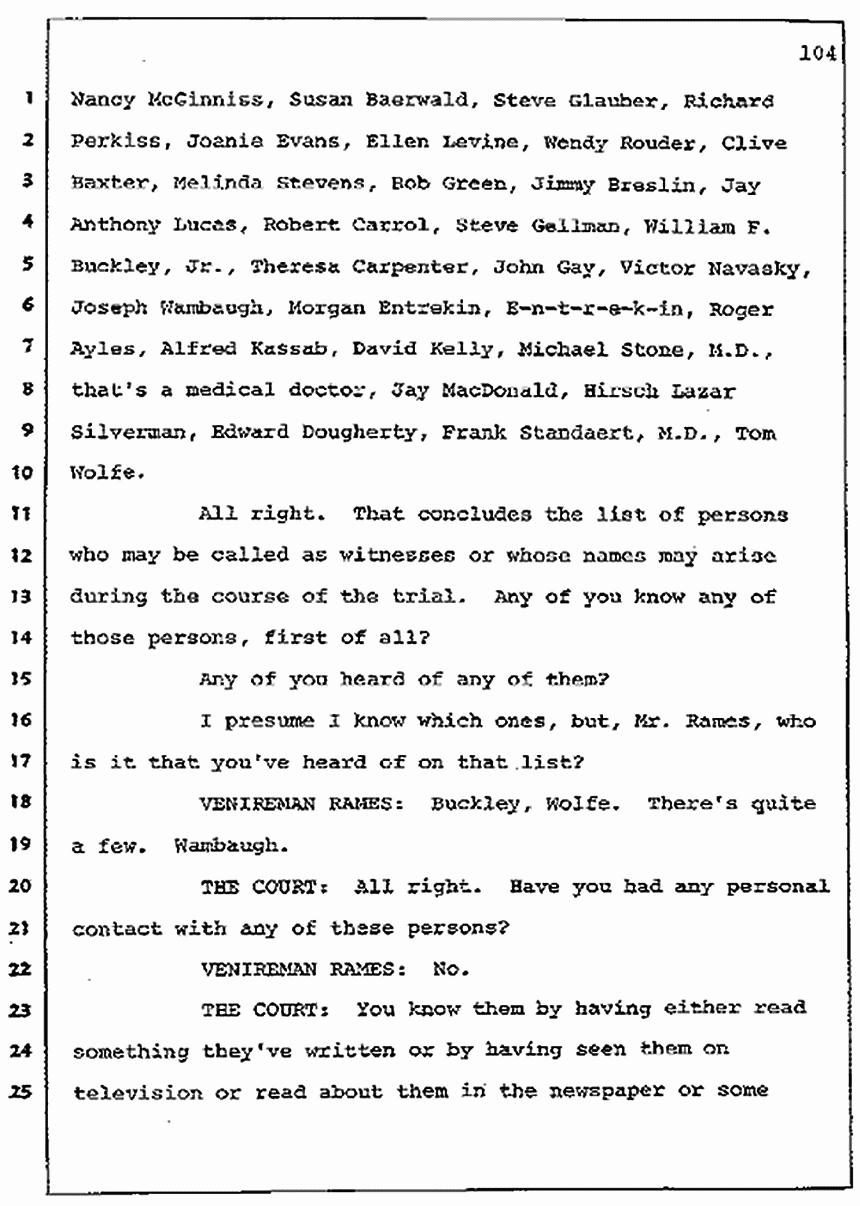 Los Angeles, California Civil Trial<br>Jeffrey MacDonald vs. Joe McGinniss<br><br>July 7, 1987: Jury selection, p. 104