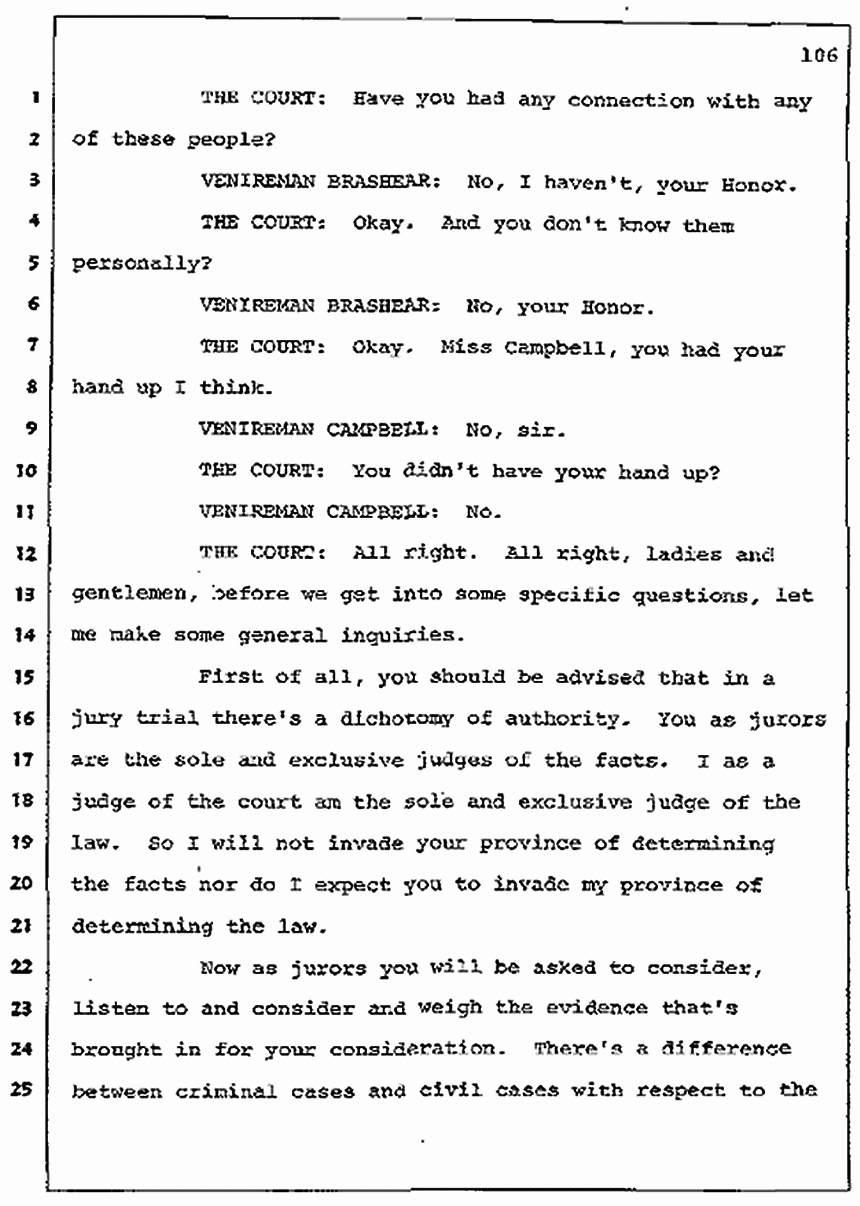 Los Angeles, California Civil Trial<br>Jeffrey MacDonald vs. Joe McGinniss<br><br>July 7, 1987: Jury selection, p. 106