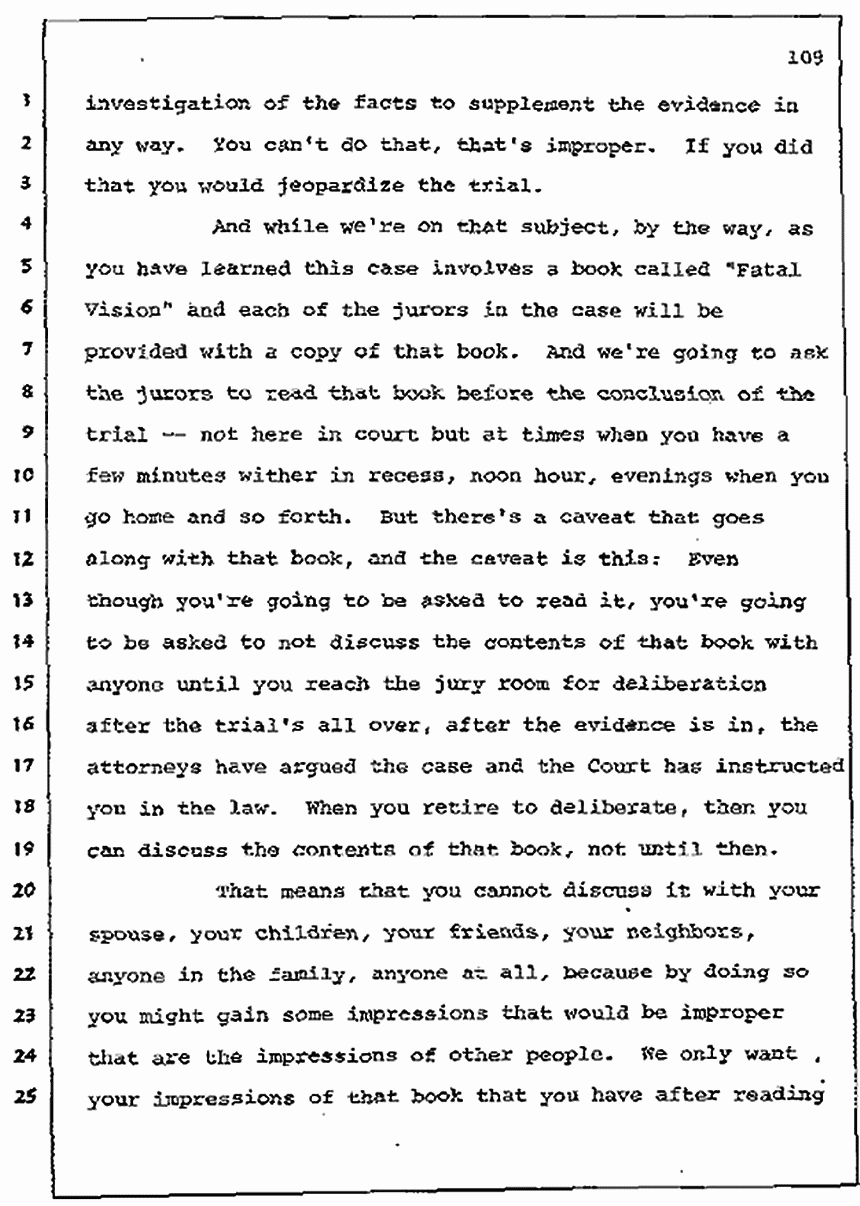 Los Angeles, California Civil Trial<br>Jeffrey MacDonald vs. Joe McGinniss<br><br>July 7, 1987: Jury selection, p. 109