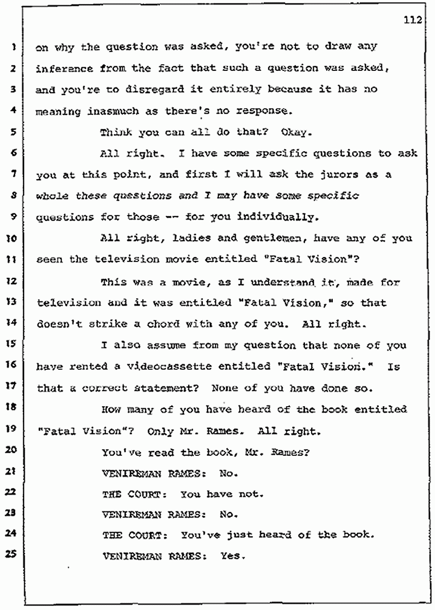 Los Angeles, California Civil Trial<br>Jeffrey MacDonald vs. Joe McGinniss<br><br>July 7, 1987: Jury selection, p. 112