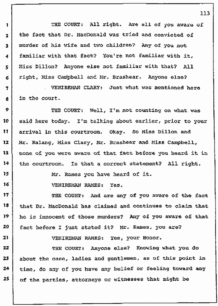 Los Angeles, California Civil Trial<br>Jeffrey MacDonald vs. Joe McGinniss<br><br>July 7, 1987: Jury selection, p. 113