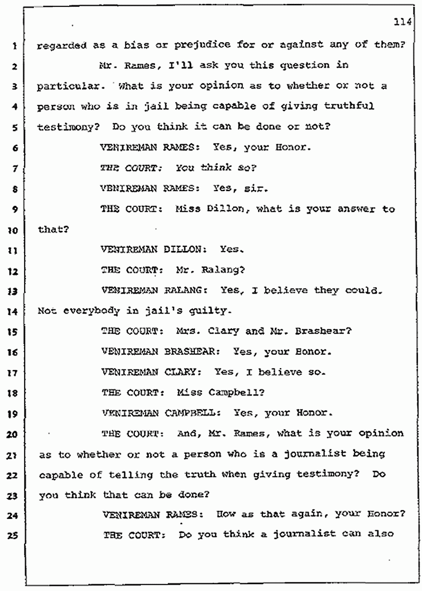 Los Angeles, California Civil Trial<br>Jeffrey MacDonald vs. Joe McGinniss<br><br>July 7, 1987: Jury selection, p. 114