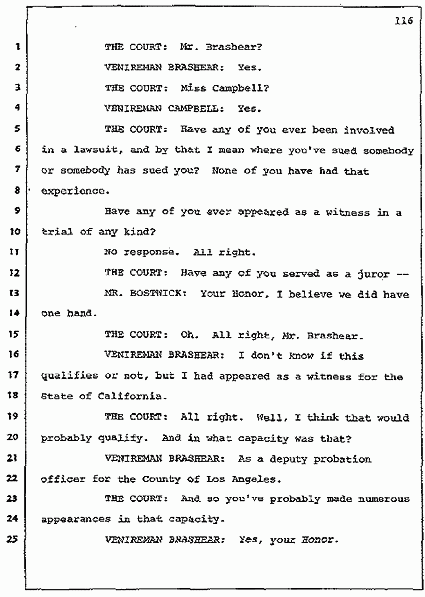 Los Angeles, California Civil Trial<br>Jeffrey MacDonald vs. Joe McGinniss<br><br>July 7, 1987: Jury selection, p. 116