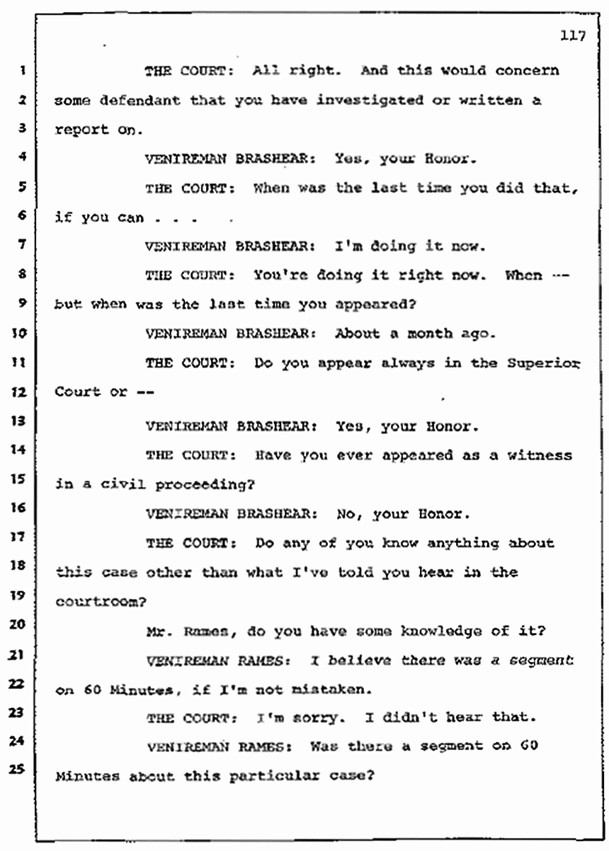 Los Angeles, California Civil Trial<br>Jeffrey MacDonald vs. Joe McGinniss<br><br>July 7, 1987: Jury selection, p. 117