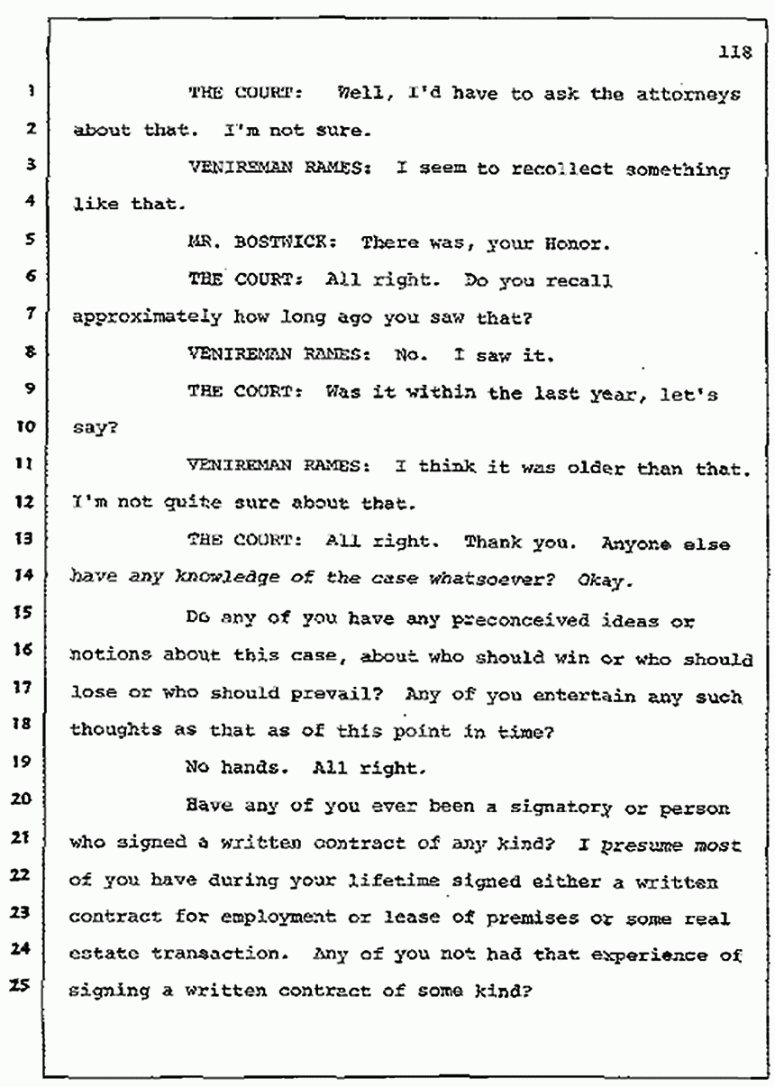 Los Angeles, California Civil Trial<br>Jeffrey MacDonald vs. Joe McGinniss<br><br>July 7, 1987: Jury selection, p. 118