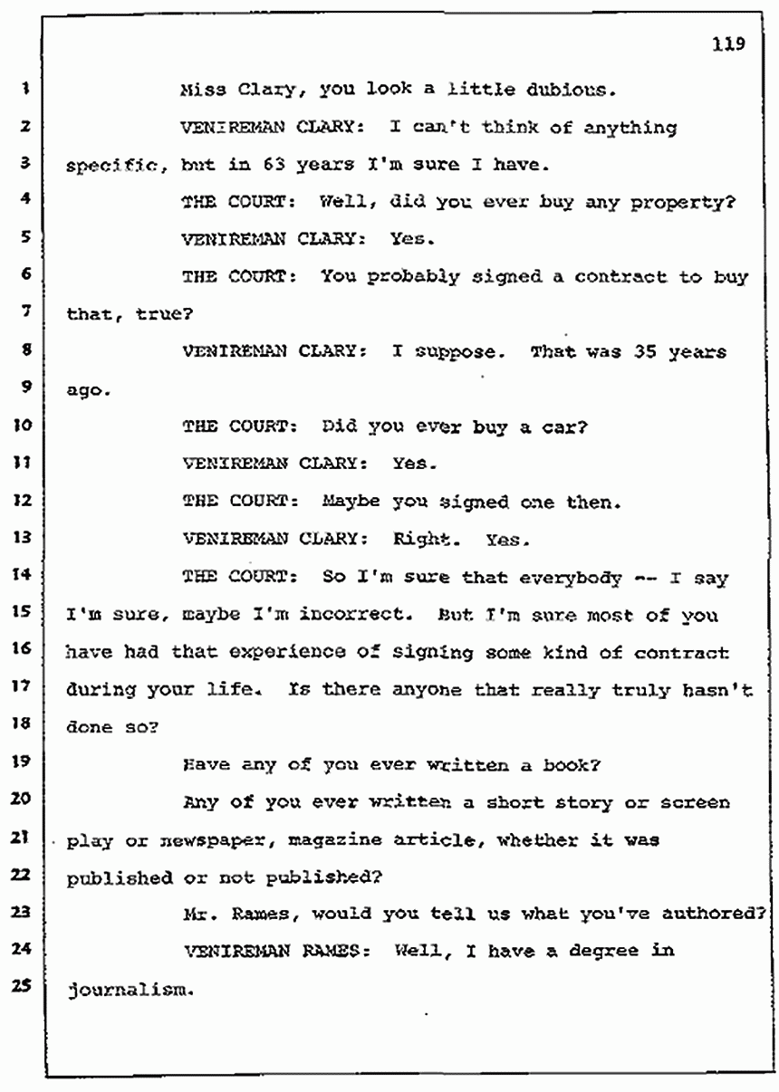 Los Angeles, California Civil Trial<br>Jeffrey MacDonald vs. Joe McGinniss<br><br>July 7, 1987: Jury selection, p. 119