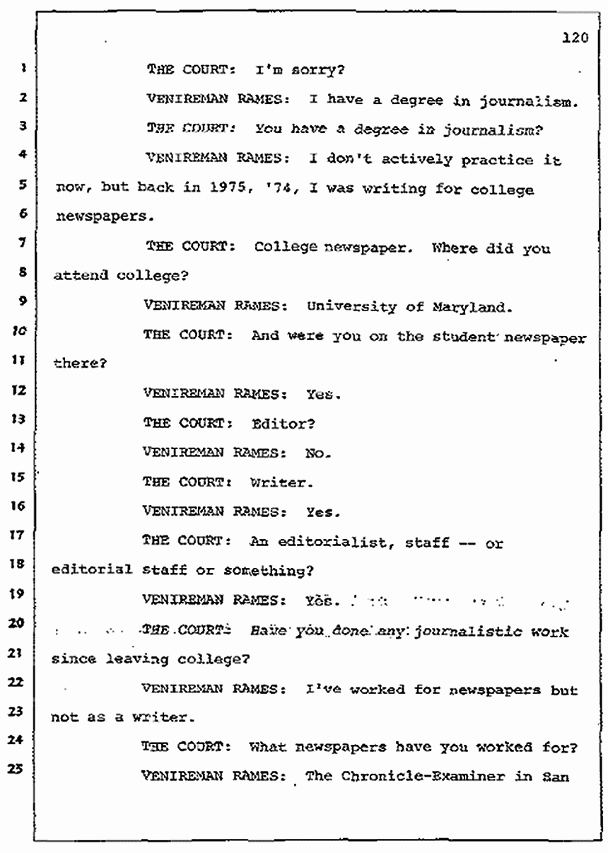 Los Angeles, California Civil Trial<br>Jeffrey MacDonald vs. Joe McGinniss<br><br>July 7, 1987: Jury selection, p. 120
