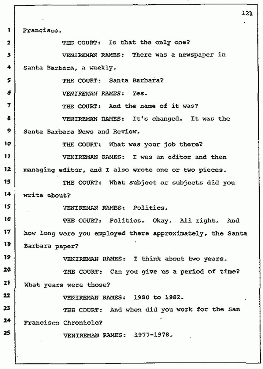 Los Angeles, California Civil Trial<br>Jeffrey MacDonald vs. Joe McGinniss<br><br>July 7, 1987: Jury selection, p. 121